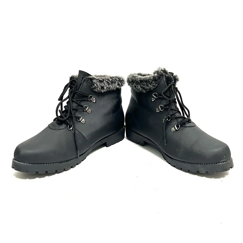 Vintage 1990s black nylon faux fur women’s winter ankle boots